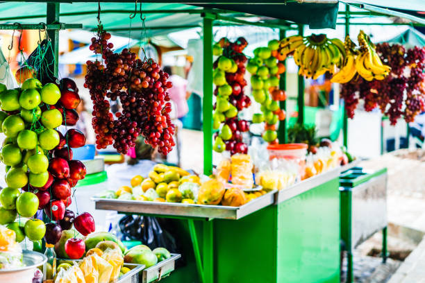 View on fruits on market in the village of Jardin, Colombia stock photo