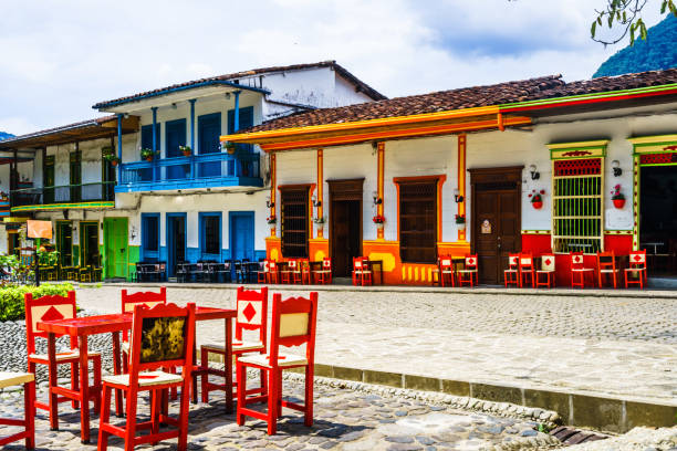 View on colonial architecture in the picturesque town of Jardin, Antioquia, Colombia stock photo