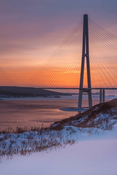 istock Winter sunset view with fresh snow and long cable-stayed bridge in Vladivostok 1174781719