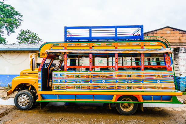 View on Typical colorful chicken bus near Jerico Antioquia, Colombia, South America Typical colorful chicken bus near Jerico Antioquia, Colombia, South America colorful bus stock pictures, royalty-free photos & images