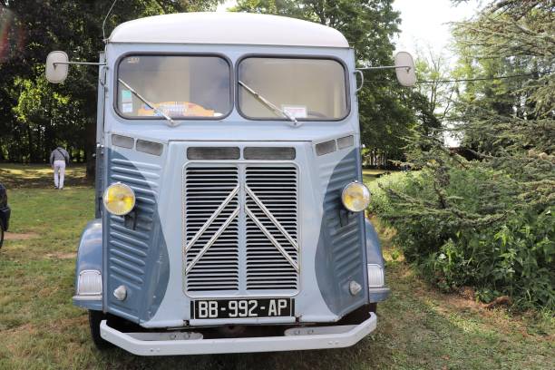 Citroën Tube HY-Color Gray-Year 1962-Utility of type Citroën Tube HY - Color Gray - Year 1962 - Utility van type - Exhibition of vintage vehicles "Les Bambanes Lyonnaises" in Chaponnay - Rhone Department - France - September 8, 2019 - Front of the vehicle citroen hy stock pictures, royalty-free photos & images