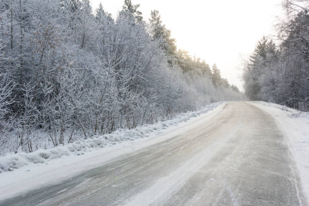 istock snowy winter asphalt road during blizzard, white forest and white road 1174784010