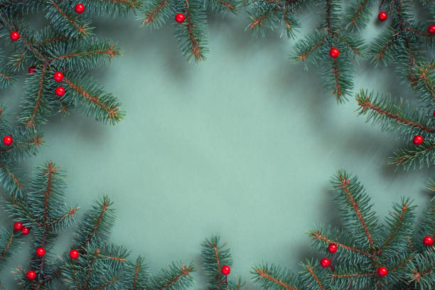 istock Christmas or New Year background with spruce branches on blue-emerald paper surface 1174785915