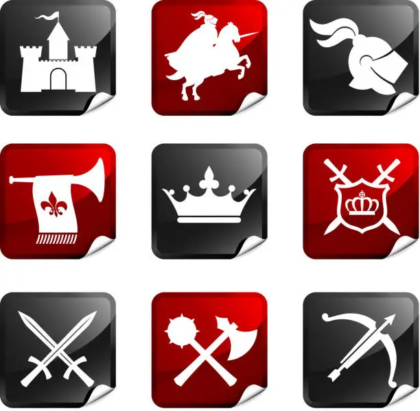 Vector illustration of Medieval Knight nine royalty free vector icon set