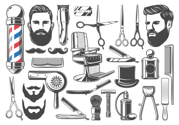 Barbershop haircut and shave equipment icons Barbershop tools and equipment, beard or mustache shave and haircut. Vector set of barber shop pole signage, chair or scissors, shaving brush, hair clipper and razor, hairdryer and hat pruning shears stock illustrations