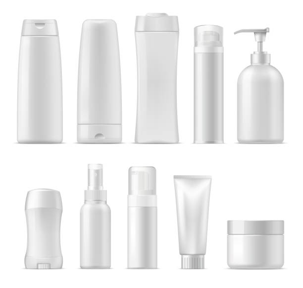 Cosmetic vector plastic package mockups Cosmetic package mockups, 3d plastic bottle containers. Vector realistic set of shampoo or facial cream cleanser, lotion and liquid soap, deodorant stick and sprayer, shower and shave gel, conditioner white plastic tube stock illustrations