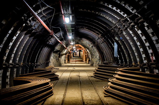 Coal mine underground corridor with equipment, Guido coal mine, Zabrze, Poland