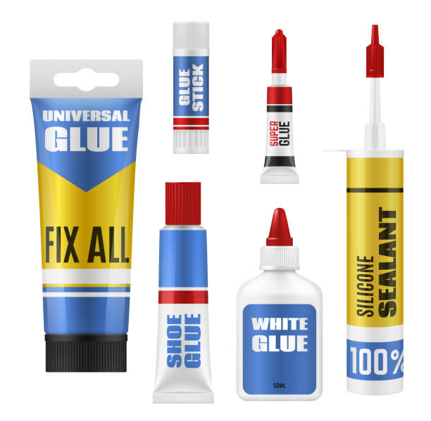 Glue packages with stick, tube and bottle mockups Glue stick, tube and bottle packages vector mockup. Super glue, shoes repair and universal adhesives, silicone sealant and PVA containers with plastic lids. School supplies or office stationery design silicon stock illustrations