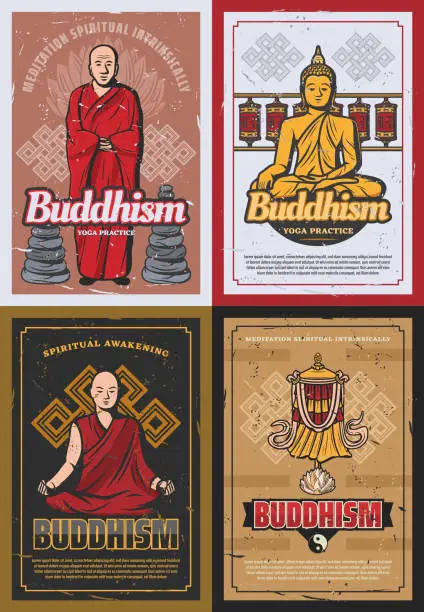 Vector illustration of Buddhism religion symbols and Buddhist monks