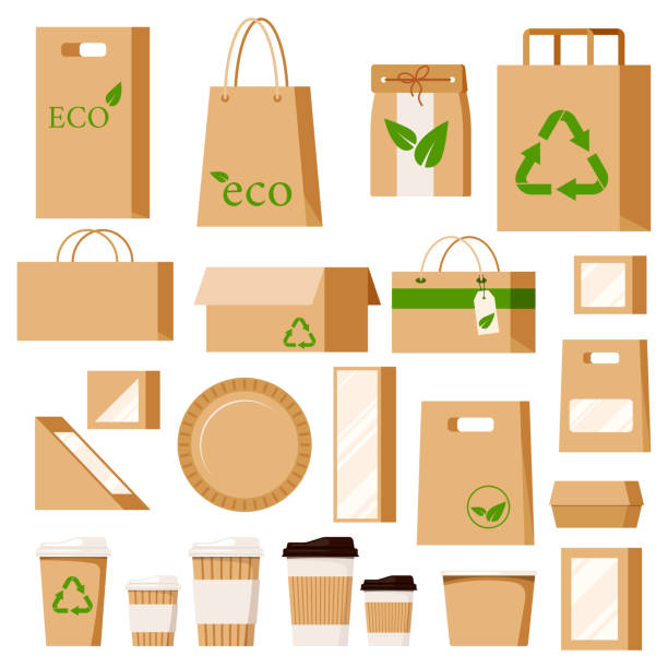 illustrazioni stock, clip art, cartoni animati e icone di tendenza di set di vuoto kraft marrone bianco rettangolo rettangolo di cartone togliere imballaggi eco scatole per alimenti e bevande con finestra di plastica. - recycled bag