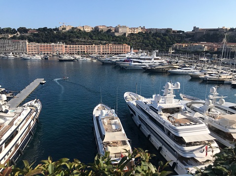 Monte Carlo, Monaco - July 12 2019: yachts and boats moored in Monte Carlo marina harbour