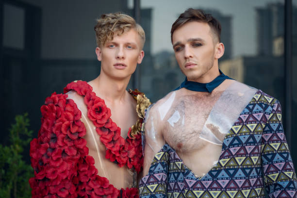 istock Two male models. androgynous feminine men looking as woman 1174794099