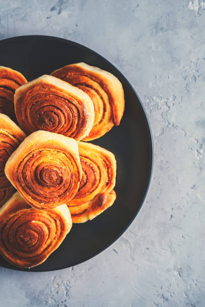 handmade rolls with cinnamon on a dark dish and on a gray background. - 3621 imagens e fotografias de stock