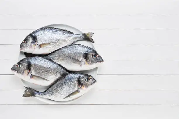 Photo of Four fresh gilt-head bream fish on a dish on white wooden table. Healthy food concept. Top view, copy space.