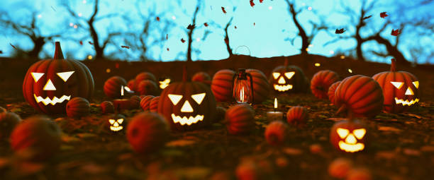 istock Spooky forest with halloween pumpkins 1174797974