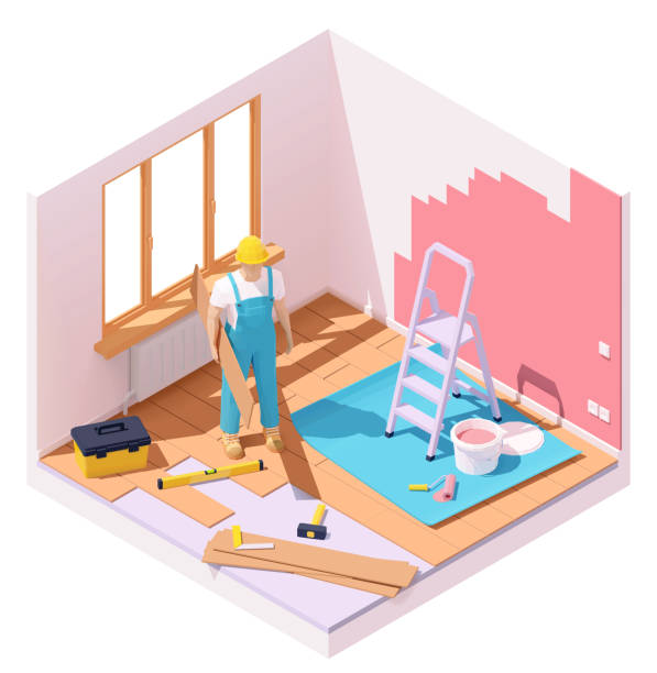 Vector isometric home renovation Vector isometric home renovation illustration. Carpenter worker installing wooden floor board or laminate and painting walls house painter ladder paint men stock illustrations