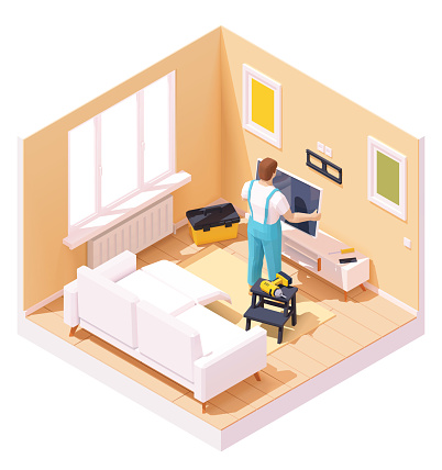 Vector isometric man or technician worker at TV installation with the wall mount over the tv stand in the home room. Worker holding TV, hand drill, toolbox