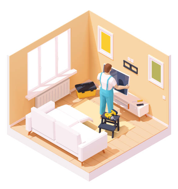 Vector isometric man at TV installation Vector isometric man or technician worker at TV installation with the wall mount over the tv stand in the home room. Worker holding TV, hand drill, toolbox installing tv stock illustrations