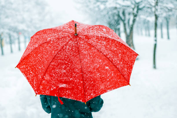 istock Woman with red umbrella in snow 1174800997
