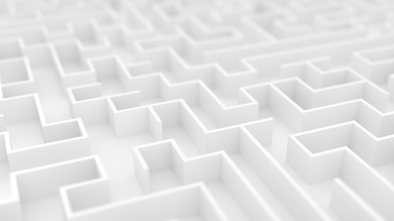 White maze background with Depth of Field. Endless labyrinth 3d illustration. White wallpaper.