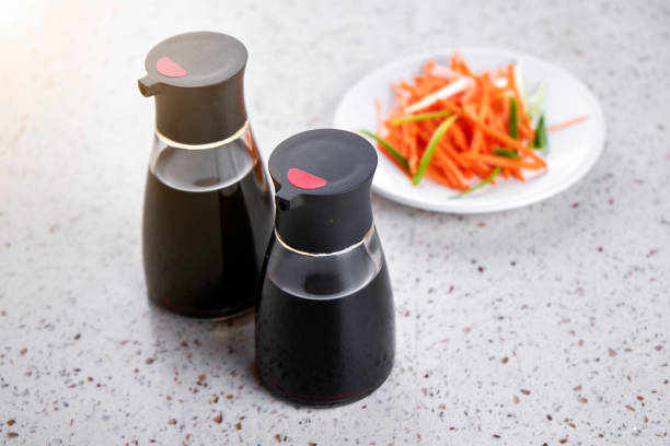 Glass bottle with soy sauce and vinegar