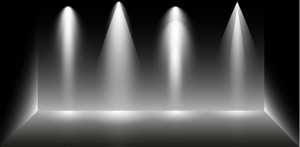 istock Set of searchlights on a black background. Bright lighting with spotlights. The searchlight is white. 1174805988