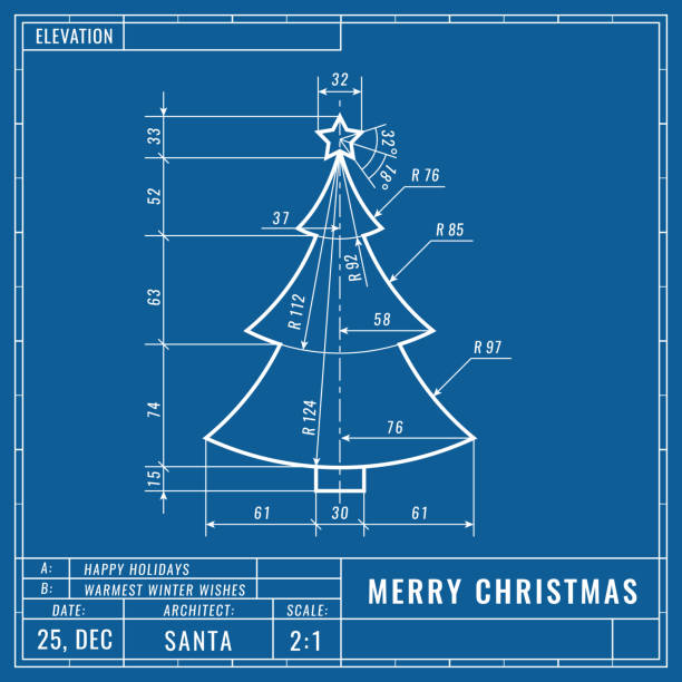 Christmas tree as technical blueprint drawing. Christmas technical concept. Mechanical engineering drawings. Christmas and new year banner, cover, poster, flyer or greeting card Christmas tree as technical blueprint drawing. Christmas technical concept. Mechanical engineering drawings. Christmas and new year banner, cover, poster, flyer or greeting vector card blueprint silhouettes stock illustrations