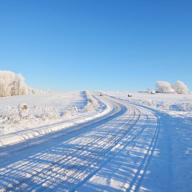 istock Snowcovered rural road in winter on a sunny day 1174808064