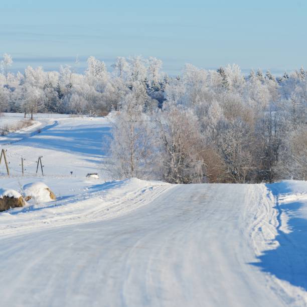 istock Snowcovered rural road in winter on a sunny day 1174808074