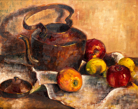 Still life painting with teapot, apples, lemons on a tablecloth background.