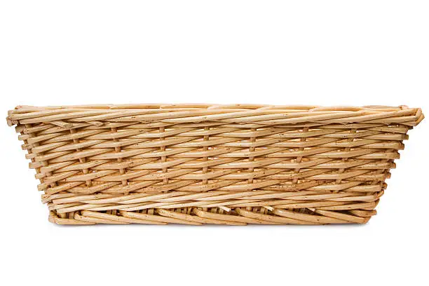 Photo of Rectangular wicker basket on white background 