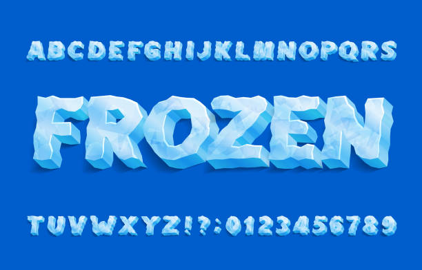 ilustraciones, imágenes clip art, dibujos animados e iconos de stock de fuente del alfabeto congelado. letras de hielo 3d y números con sombra. - frozen