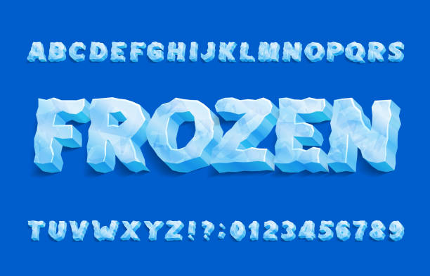 замороженный алфавитный шрифт. 3d ледяные буквы и цифры с тенью. - ice stock illustrations