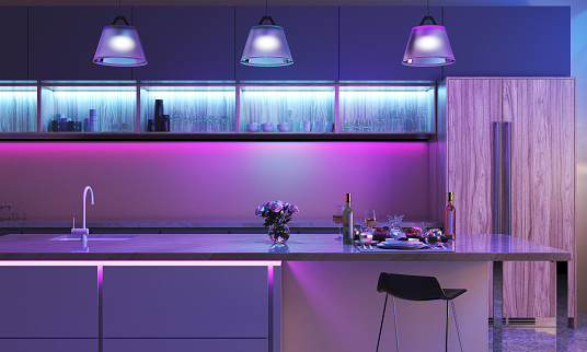 Modern kitchen with colored led lights