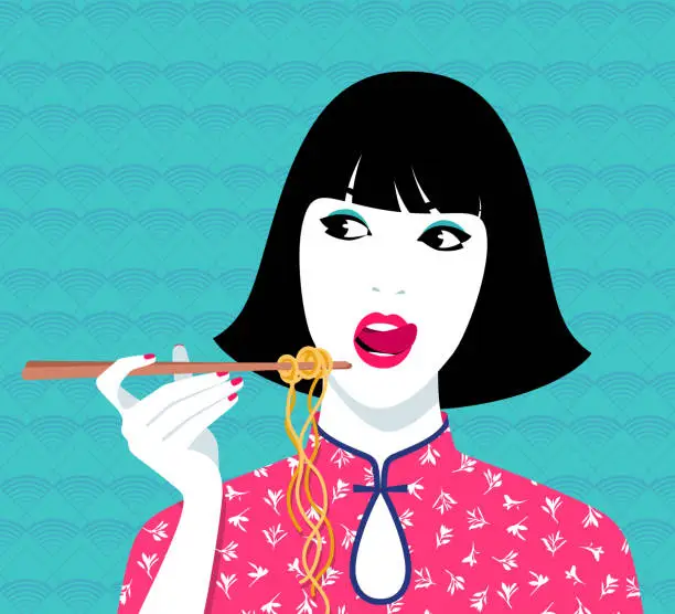 Vector illustration of Woman eating noodle