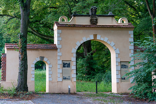 Kleinmachnow, Germany - august 21, 2019: detailed photo of the historical Medusentor (medusa arch) in Kleinmachnow, Brandenburg, Germany