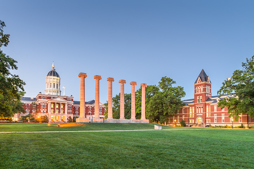 Columbia, Missouri, USA historic columns at twilight.