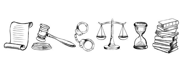 Law and Justice icons set. Hand drawn illustration Law and Justice icons set. Hand drawn illustration lawyer drawings stock illustrations