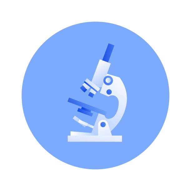 Science illustration icon. Microscope in circle. Flat illustration. Vector flat science medical equipment illustration. Laboratory microscope instrument in blue circle frame isolated on white background. Design icon element for poster, flyer, card, banner laboratory clipart stock illustrations