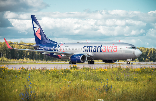 MOSCOW, RUSSIA, SEPTEMBER 14 2019: Smart Avia Boeing 737-800 is taxiing at Domodedovo Airport (DME)