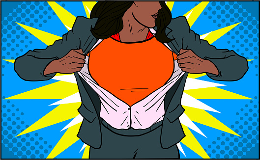Vector Pop Art Black Female Superhero Costume Change Illustration