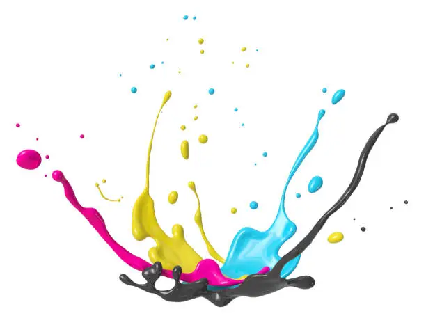CMYK Color paint splash isolated on white background, 3d rendering.