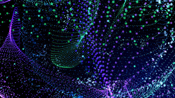 istock Energy power digital innovation data transfer, neon colorful dot speed line light path on stage with glare in cyber space background. Neon bokeh blur light line of global digital world model 3D rendering. 1174824387