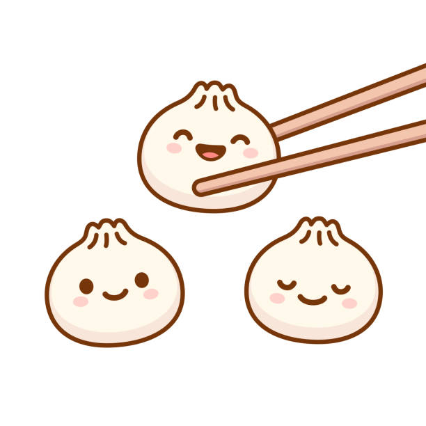 Cute cartoon dumplings Cute cartoon Dim sum doodle drawing. Traditional Chinese dumplings with funny smiling faces. Kawaii asian food vector illustration. chinese dumpling stock illustrations