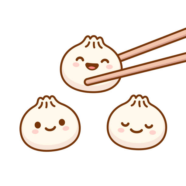 Cute cartoon dumplings Cute cartoon Dim sum doodle drawing. Traditional Chinese dumplings with funny smiling faces. Kawaii asian food vector illustration. dumpling stock illustrations