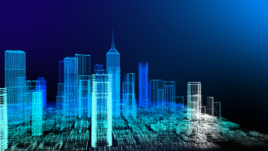 3D skyscraper building simulation HUD digital Screen display smart financial business city analyze dashboard background. Smart technology IOT of sci-fi future startup city.