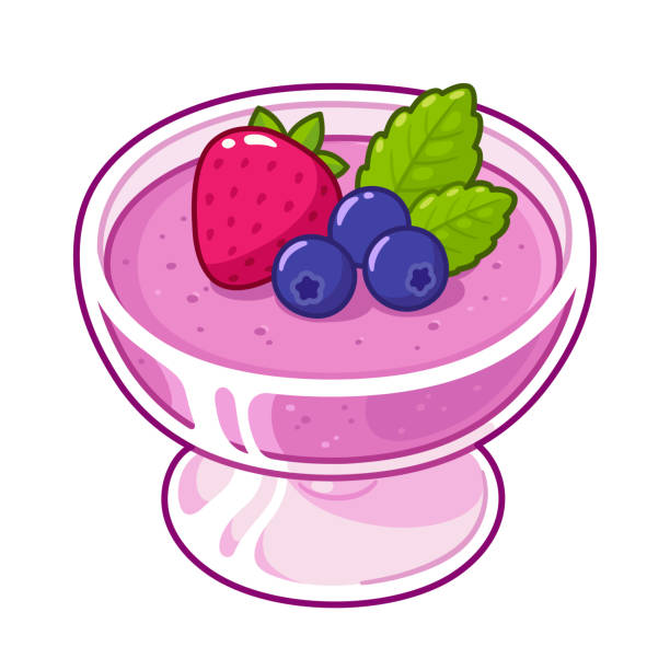 Berry mousse drawing Berry mousse dessert in glass decorated with strawberry, blackberries and mint. Fruit pudding vector illustration in hand drawn cartoon style. jello illustrations stock illustrations