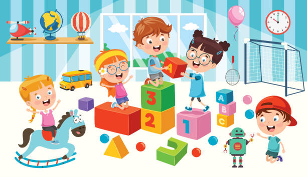 ilustraciones, imágenes clip art, dibujos animados e iconos de stock de niños felices jugando con juguetes - juegos de preescolar