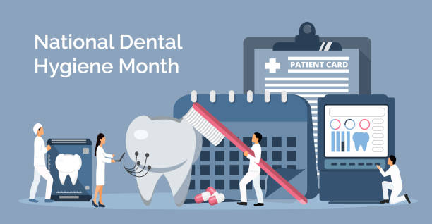 national dental hygiene month im oktober gefeiert. winzige zahnärzte machen röntgen-scan von zähnen, um zahnschmerzen zu helfen - dental hygiene stock-grafiken, -clipart, -cartoons und -symbole