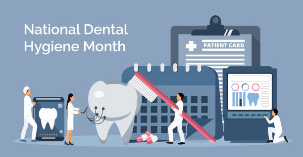 ilustraciones, imágenes clip art, dibujos animados e iconos de stock de mes nacional de higiene dental celebrado en octubre. los dentistas diminutos hacen una radiografía de los dientes para ayudar al dolor de muelas - dental hygiene